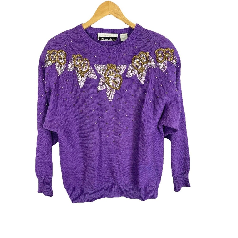 Vintage Dana Scott Amethyst Beaded Sweater Floral Knit Women S - Picture 2 of 16